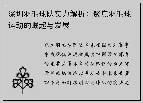 深圳羽毛球队实力解析：聚焦羽毛球运动的崛起与发展