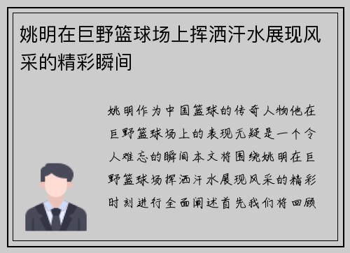 姚明在巨野篮球场上挥洒汗水展现风采的精彩瞬间