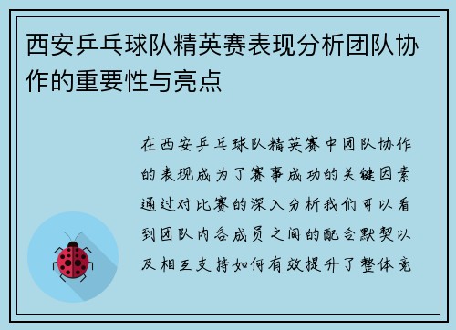 西安乒乓球队精英赛表现分析团队协作的重要性与亮点