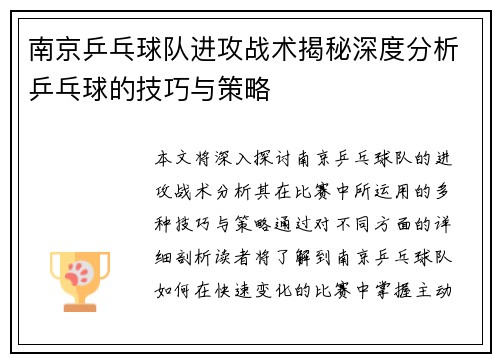 南京乒乓球队进攻战术揭秘深度分析乒乓球的技巧与策略