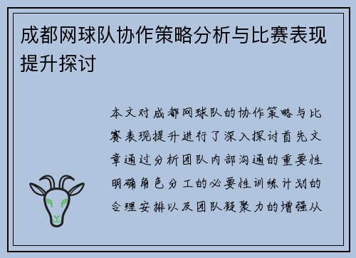 成都网球队协作策略分析与比赛表现提升探讨