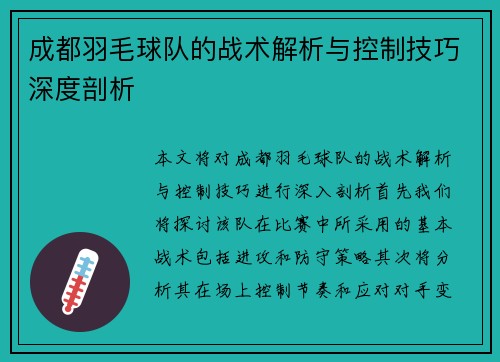 成都羽毛球队的战术解析与控制技巧深度剖析