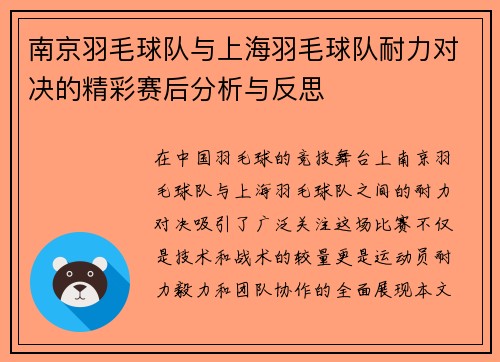 南京羽毛球队与上海羽毛球队耐力对决的精彩赛后分析与反思