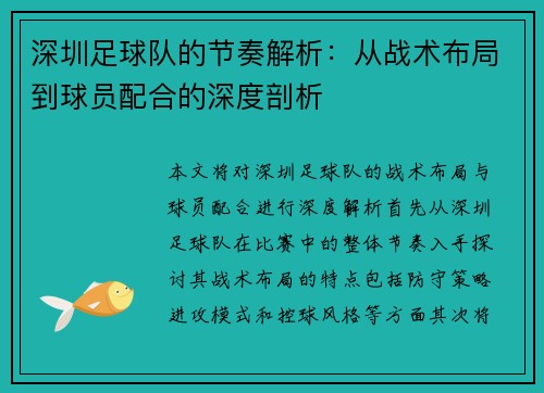 深圳足球队的节奏解析：从战术布局到球员配合的深度剖析