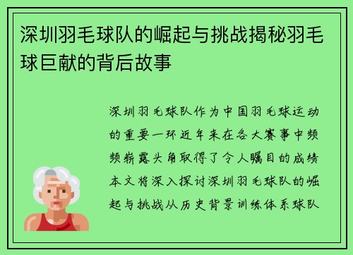 深圳羽毛球队的崛起与挑战揭秘羽毛球巨献的背后故事