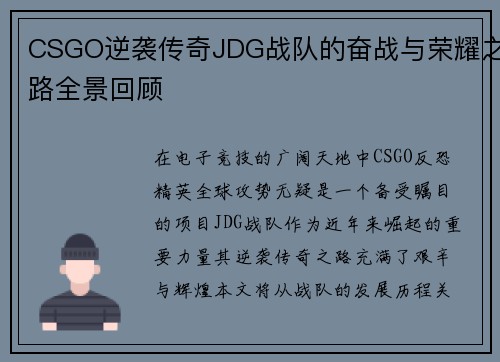 CSGO逆袭传奇JDG战队的奋战与荣耀之路全景回顾