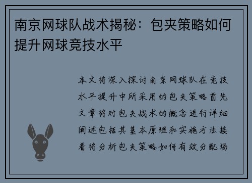 南京网球队战术揭秘：包夹策略如何提升网球竞技水平